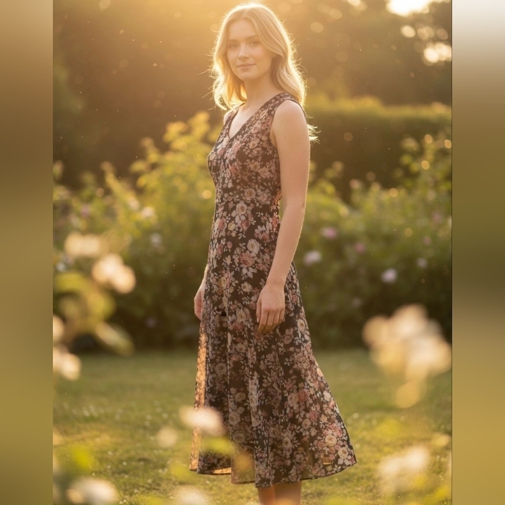 Tiana B NY Sheer Flowy Floral Print Maxi Dress Over Black Lining Med